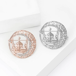 Minimalist alloy Taj Mahal brooches with crescent moon and rhinestones in rose gold and silver