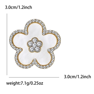 Elegant gold flower brooch with white enamel and sparkling rhinestones for women
