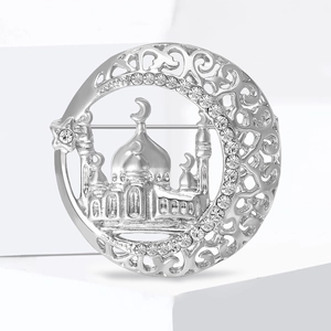 Silver-tone mosque and crescent moon brooch with sparkling rhinestones for women