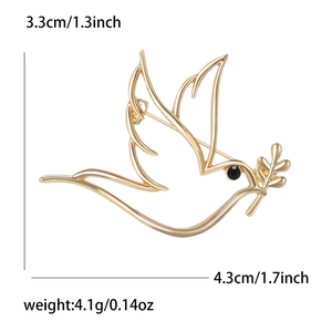 Broche colombe de la paix en alliage doré avec branche d'olivier et dimensions