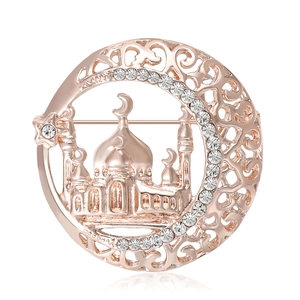 Vintage Alloy Rhinestone Taj Mahal Mosque Moon Star Brooch Pin For Women Islamic Architecture Cardigan Decoration Jewelry