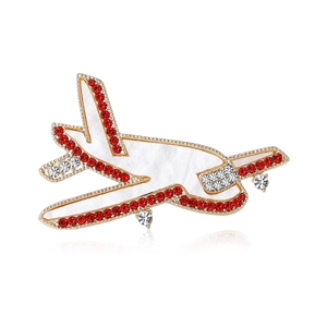 Exquisite Alloy Airplane Brooch With Red Rhinestones And Shell Texture Gold Plated Aircraft Lapel Pin For Men Suit Jewelry