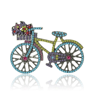 Vintage Alloy Rhinestone Bicycle Brooch Colorful Flower Basket Bike Corsage Pin For Women Men Fashion Clothing Jewelry