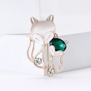 Classic fox mother and child brooch with pink opal and emerald crystals in rose gold