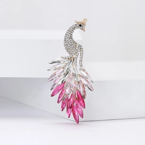 Elegant peacock brooch pin with pink gradient crystals and white rhinestones for women