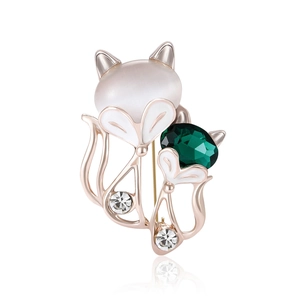 Vintage Alloy Fox Brooch For Women Rose Gold Plated Green Crystal Rhinestone Enamel Fox Mother And Child Animal Pin Jewelry