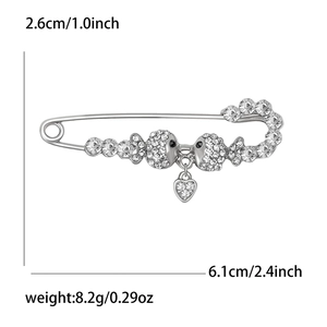 Detailed dimensions of silver fish brooch with rhinestones and heart pendant