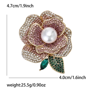 Detailed size view of peony brooch with pink crystals and pearls on gold alloy