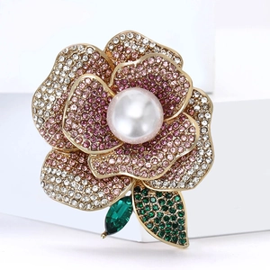 Elegant Peony Flower Brooch Alloy Rhinestone Artificial Pearl Corsage Pin For Women Wedding Banquet Party Jewelry Accessories Gifts