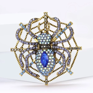 Spider web brooch featuring heavy alloy and colorful rhinestones on white display