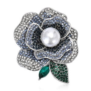 Elegant camellia flower brooch with blue gradient crystals and a white center pearl