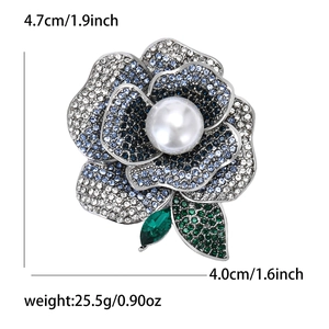 Exquisite heavy metal peony brooch with blue rhinestones and white pearl center