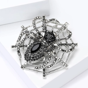 Detailed view of silver-tone spider web brooch with gray and black rhinestones