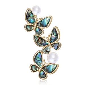 Elegant Triple Butterfly Brooch Alloy Abalone Shell Inlay White Faux Artificial Pearls Vintage Jewelry Accessory For Women Banquet Dress