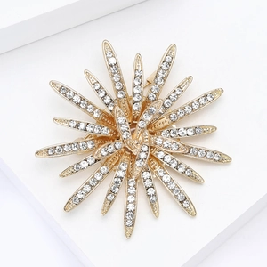 Dettaglio di un'elegante spilla a raggiera dorata con strass lucidi su sfondo bianco