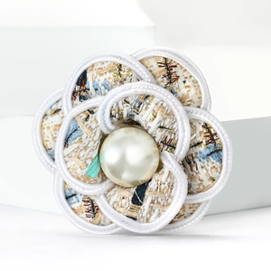Elegant 14k gold tweed camellia flower brooch with pearl accent for women's fashion