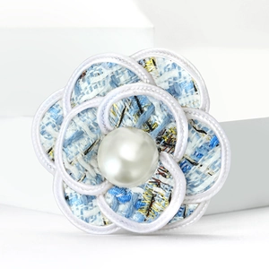 Elegant light blue tweed camellia flower brooch with a large white pearl center for women