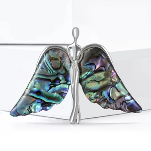 Elegant angel wing brooch in silver alloy with iridescent shell inlay for women fashion