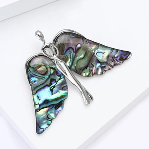 Elegant angel wing brooch with colorful natural abalone shell inlay in silver finish
