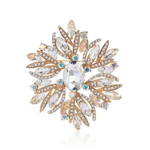 Vintage Luxury Alloy Flower Rhinestone Brooch Large Crystal Starburst Floral Brooches Pin For Women Suit Dress Jewelry