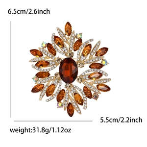 Luxury amber crystal flower brooch in gold finish with size and weight dimensions