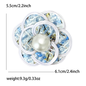 Elegant blue and white tweed camellia flower brooch with pearl accent for women