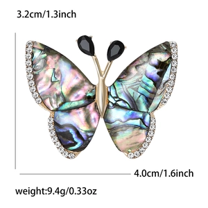 Broche papillon élégante avec ailes en nacre irisée et strass, taille de 4,0cm x 3,2cm