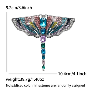 Elegant colorful rhinestone dragonfly brooch for women's suits and coats with size details