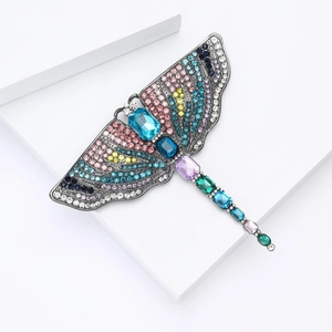 Elegant dragonfly brooch pin with colorful rhinestones and vintage silver finish