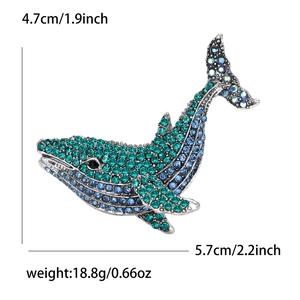 Whale brooch with blue and green rhinestones on vintage silver alloy for suits and shirts