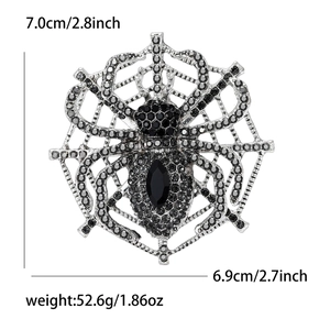 Oversized spider web brooch in silver alloy with black rhinestones for gothic fashion