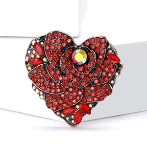 Elegant heart-shaped rose brooch with red rhinestones and crystal center for women