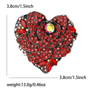 Elegant heart-shaped brooch with red crystals and rose pattern on a 3.8cm alloy base