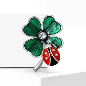 Green enamel four-leaf clover brooch with red ladybug and crystal center for clothing