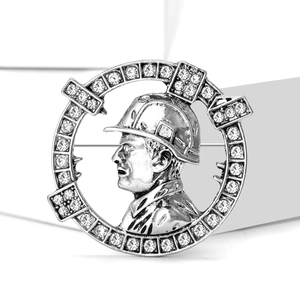 Silver retro engineer brooch with rhinestone frame and worker relief design for men
