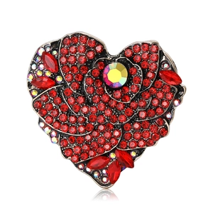 Elegant Rose Heart Alloy Brooch For Women Red Rhinestone Inlaid Flower Corsage Pin For Suit Coat Fashion Jewelry Accessories