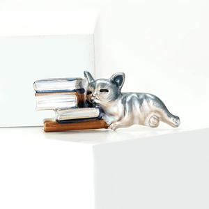 Broche exquise en émail chat dormant sur des livres en finition bleu et argent
