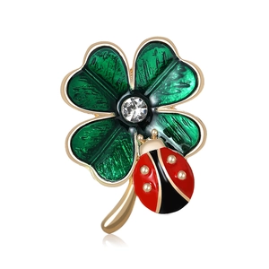 Fashion Four-Leaf Clover Ladybug Brooch For Women Men Alloy Enamel Rhinestone Pin Badge Cute Insect Clothing Jewelry Gift