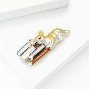 Détail d'une broche en émail représentant un corgi dormant sur des livres empilés