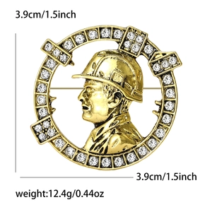 Golden alloy engineer brooch with rhinestones featuring worker profile and 3.9cm diameter