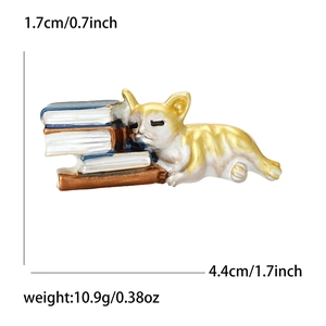 Broche chat en émail dormant sur des livres avec dimensions de 4,4cm sur 1,7cm