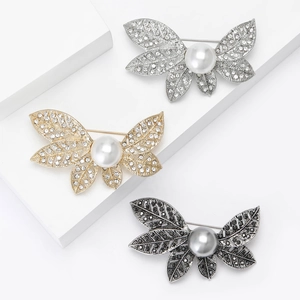 Broche Papillon en Alliage de Feuilles avec Künstliche Perle d'Imitation Strass Or Argent Noir pour Femme Bijoux de Mode