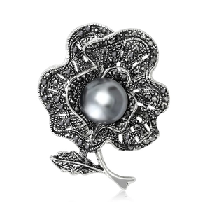 Vintage Flower Brooch Elegant Alloy Grey Faux Artificial Pearl Rhinestone Pin For Women Daily Party Office Clothing Jewelry Accessory