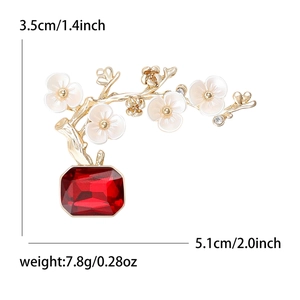 Detailed size chart for vintage plum blossom brooch with red crystal and gold branches