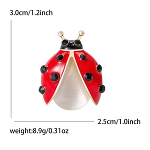 Red enamel ladybug brooch pin with cat eye stone and black rhinestones, size 3.0x2.5cm