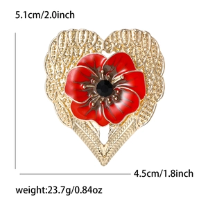 Exquisite gold alloy poppy flower heart brooch with red enamel and a black gemstone center