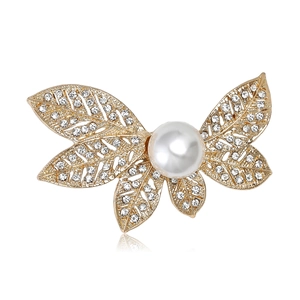 Élégante broche en forme de feuille avec cristaux brillants et perle centrale