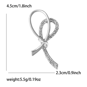 Detailed dimensions of silver ribbon knot brooch with rhinestones: 4.5cm by 2.3cm
