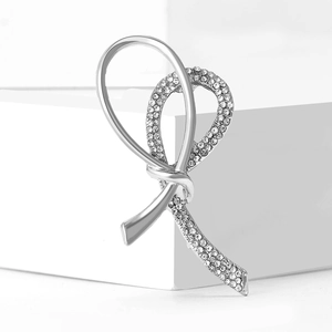 Elegant silver ribbon knot brooch with sparkling rhinestones for women's fashion outfits
