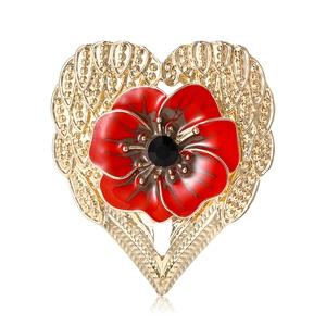 Fashion Alloy Enamel Poppy Flower Heart Brooch Pin For Women Elegant Rhinestone Inlaid Apparel Accessories Jewelry
